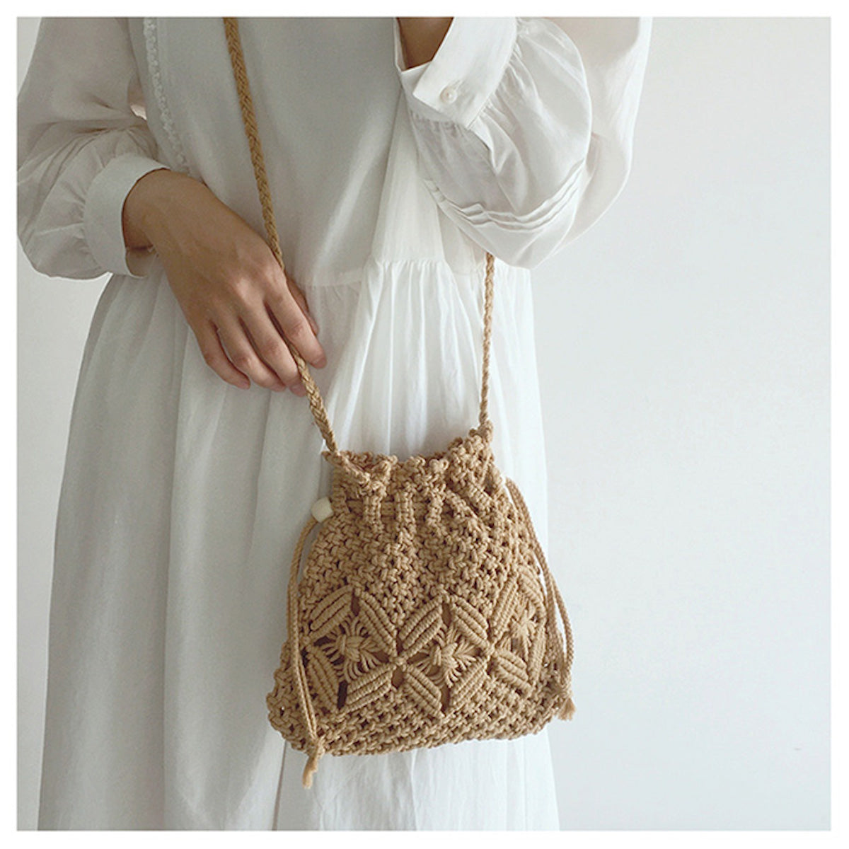 Women’s Macrame Cotton Retro Cotton Macrame Shoulder Drawstring Bag Crossbody Bag for Boho Everyday Style & Gifts