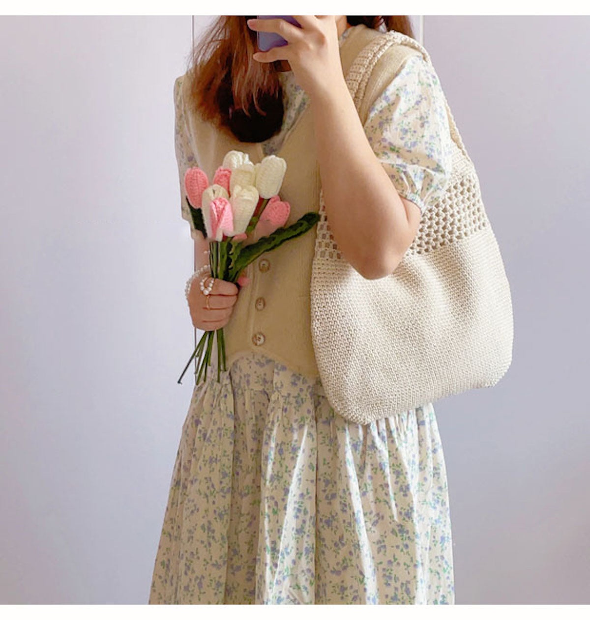 Women’s Cotton Crochet Shoulder Bag Bucket Bag for Boho Everyday Style & Gifts