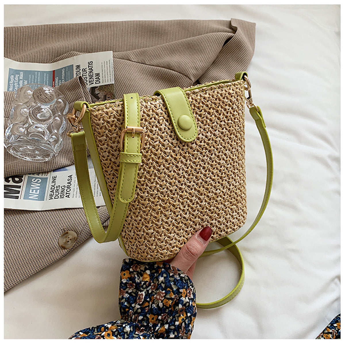 Women’s Crossbody Leather and Straw Bag for Beach, Vacation & Summer Outfits