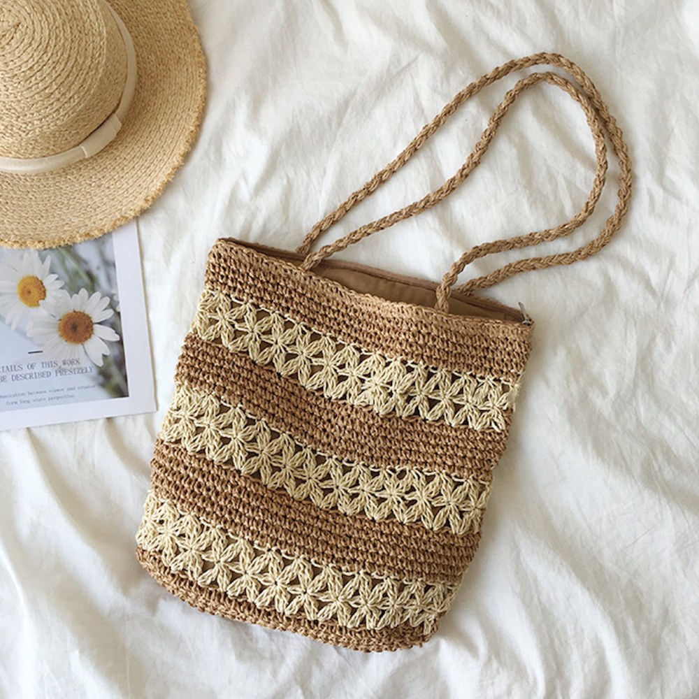 Gemusterte Stroh-Korbtasche für Damen für Strand, Urlaub und Sommeroutfits