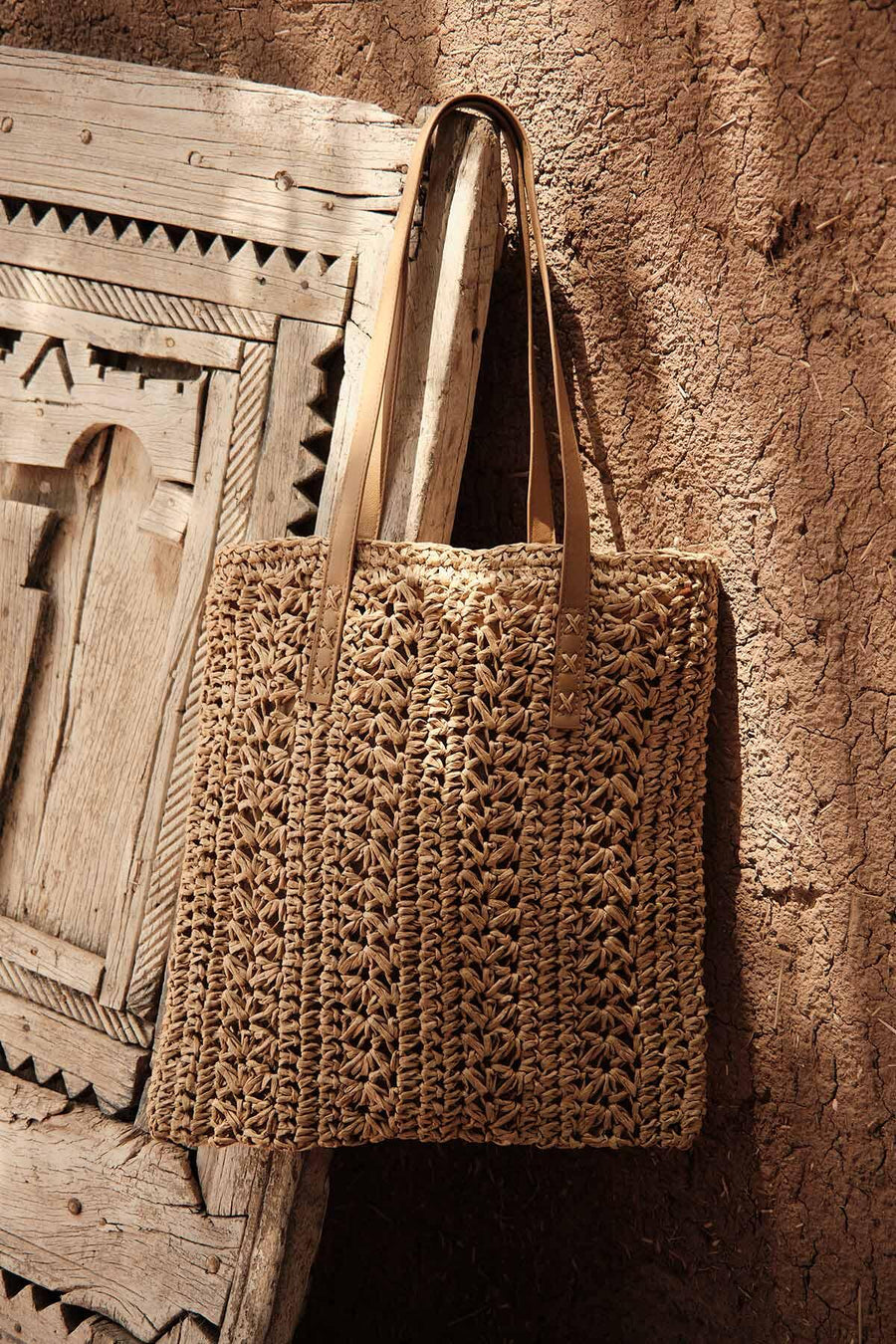 Natural patterned straw shoulder bag with faux leather straps, view 2