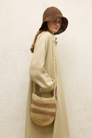 Beige striped straw mini crossbody bag with tassel details, view 5