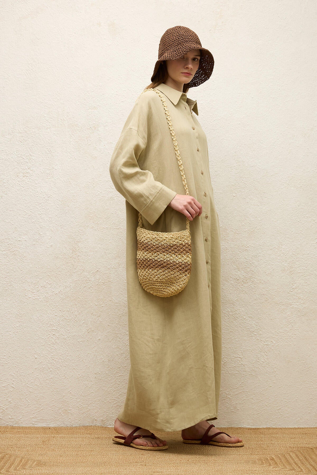 Beige striped straw mini crossbody bag with tassel details, view 8