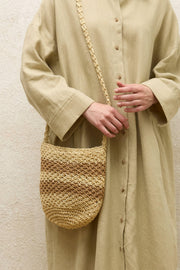Beige striped straw mini crossbody bag with tassel details, view 7
