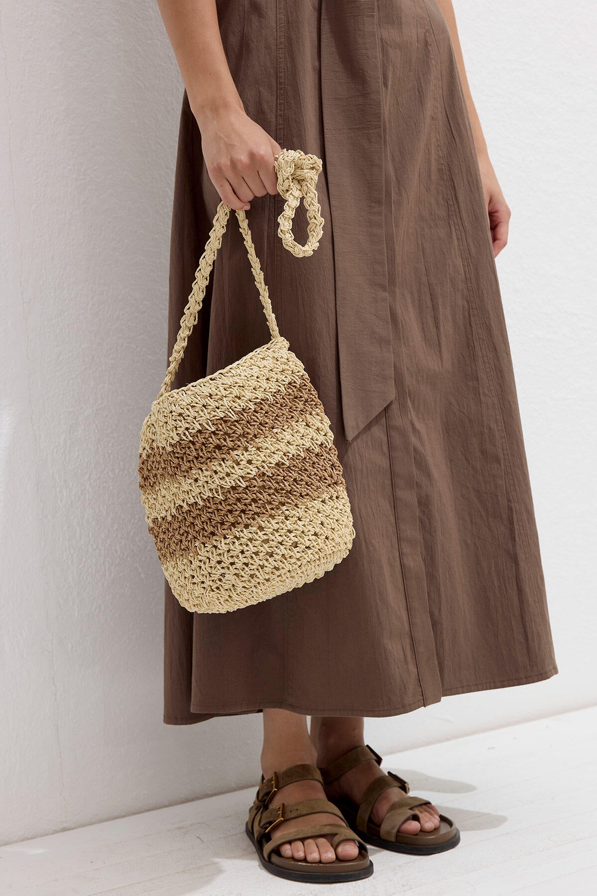 Beige striped straw mini crossbody bag with tassel details, view 3