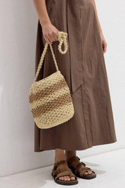 Beige striped straw mini crossbody bag with tassel details, view 3