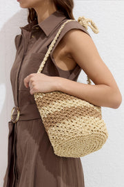Beige striped straw mini crossbody bag with tassel details, view 2