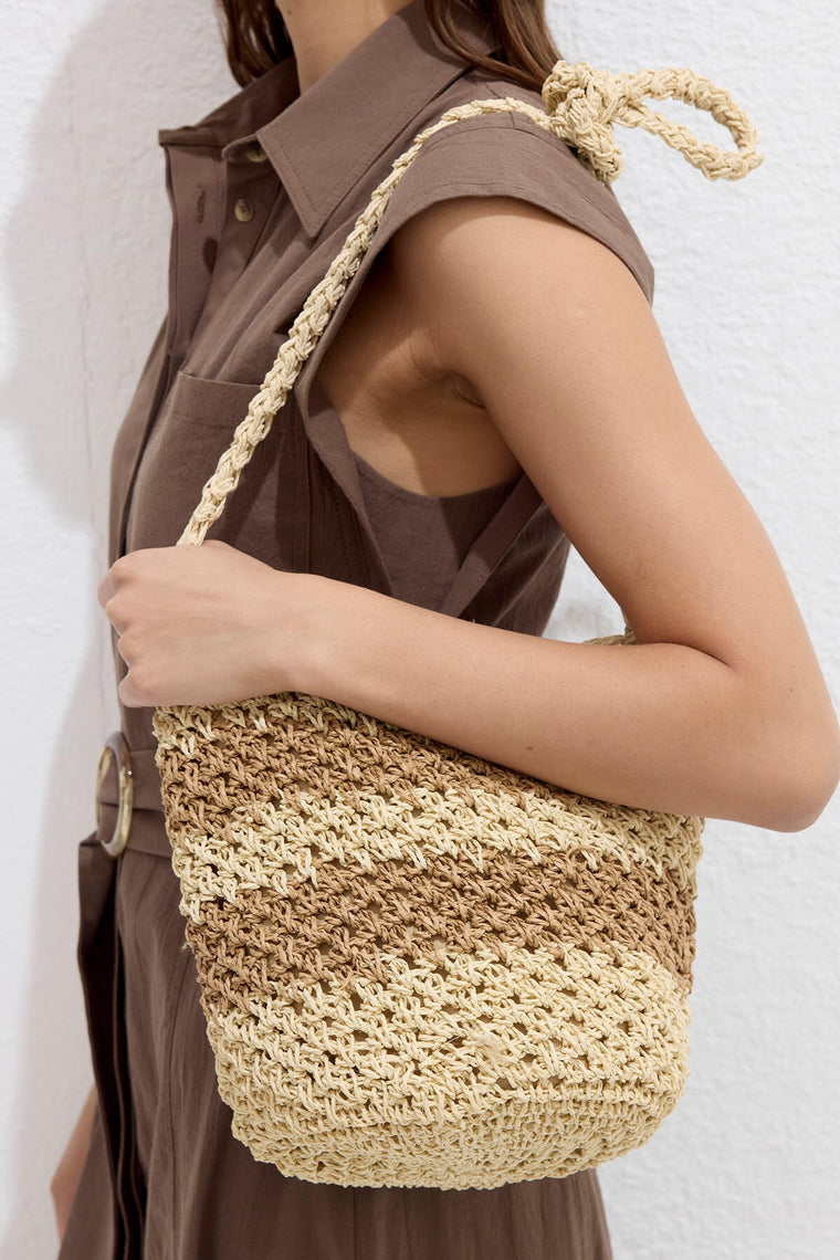 Beige Striped Straw Mini Crossbody Bag With Tassel Details