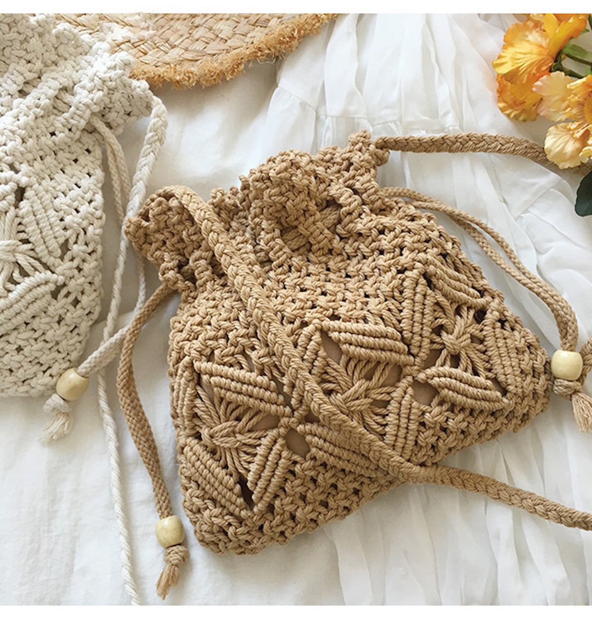 Women’s Macrame Cotton Retro Cotton Macrame Shoulder Drawstring Bag Crossbody Bag for Boho Everyday Style & Gifts