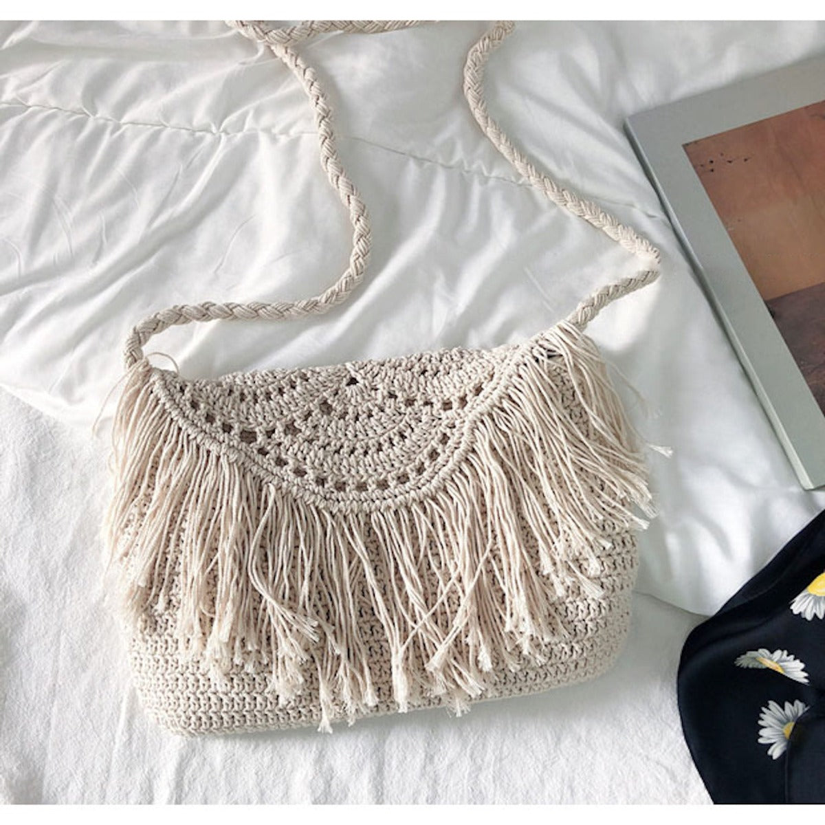 Women’s Crochet Cotton Handmade Bohemian Tassel Beach Bag Tote Bag for Boho Everyday Style & Gifts