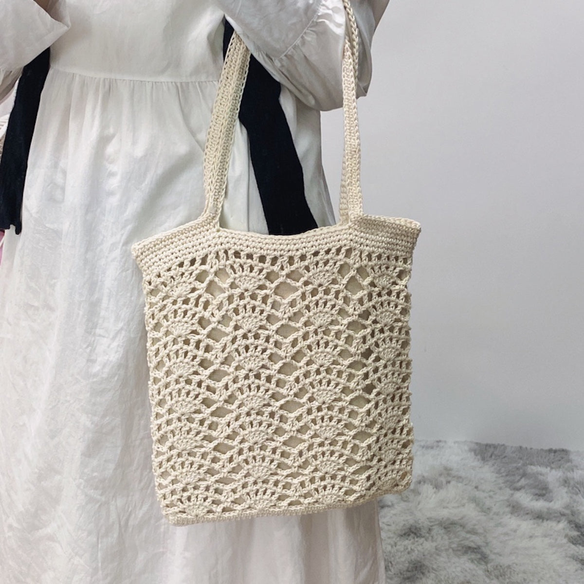 Women’s Crochet Medium Cotton Knitted Top Handle Bag with Floral Design Purse for Boho Everyday Style & Gifts
