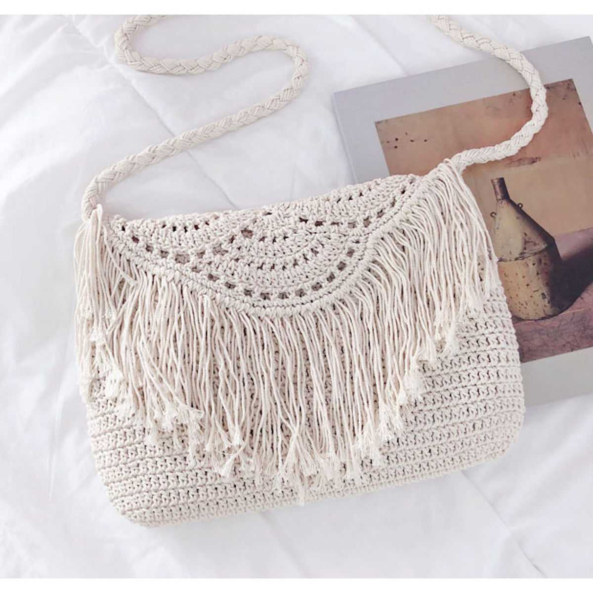 Women’s Crochet Cotton Handmade Bohemian Tassel Beach Bag Tote Bag for Boho Everyday Style & Gifts