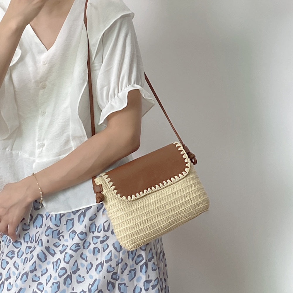 Women’s Straw Woven Messenger Bag with Leather Flap for Beach, Vacation & Summer Outfits
