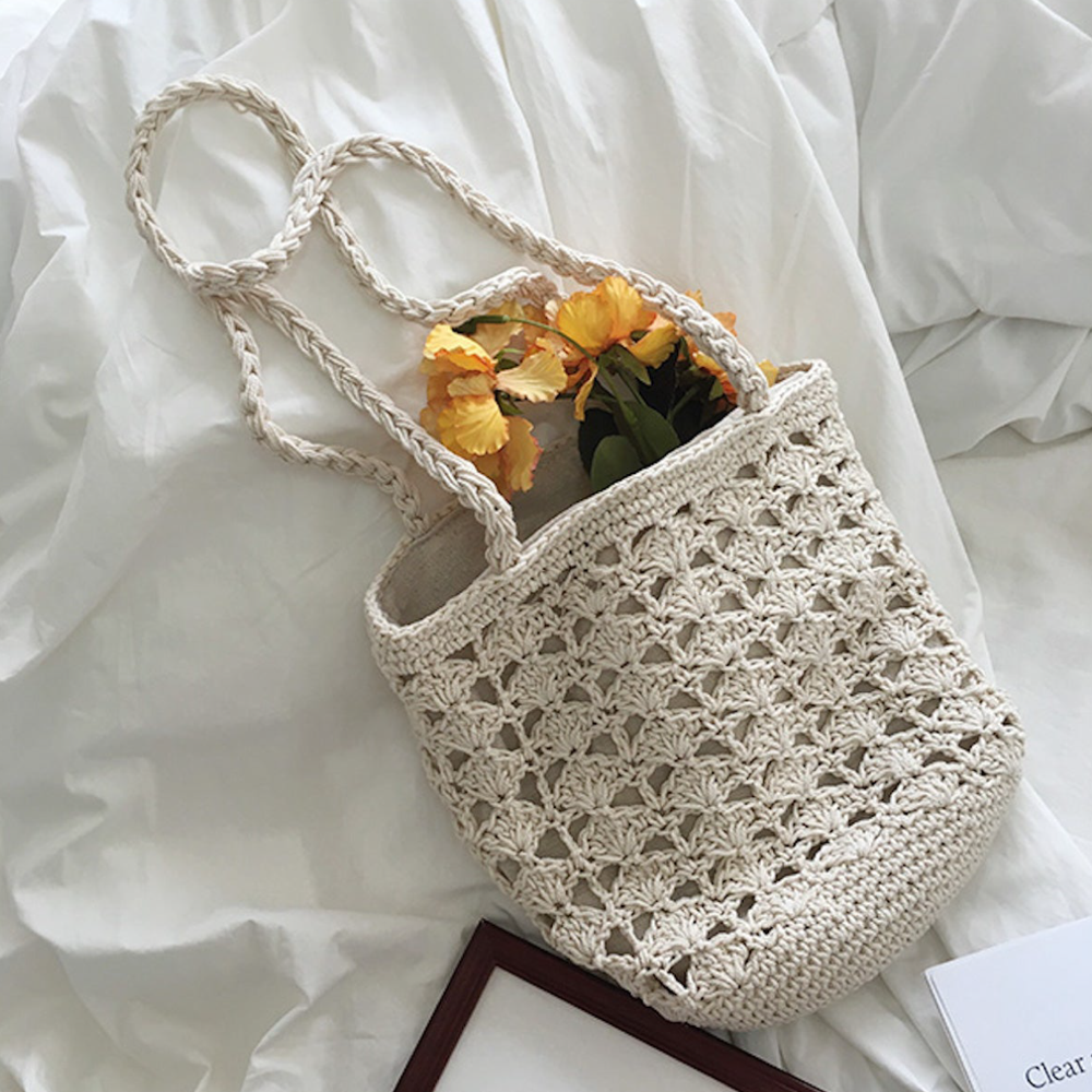 Handgemachte gehäkelte Eimer-Umhängetasche für Damen im Boho-Alltagsstil und als Geschenk