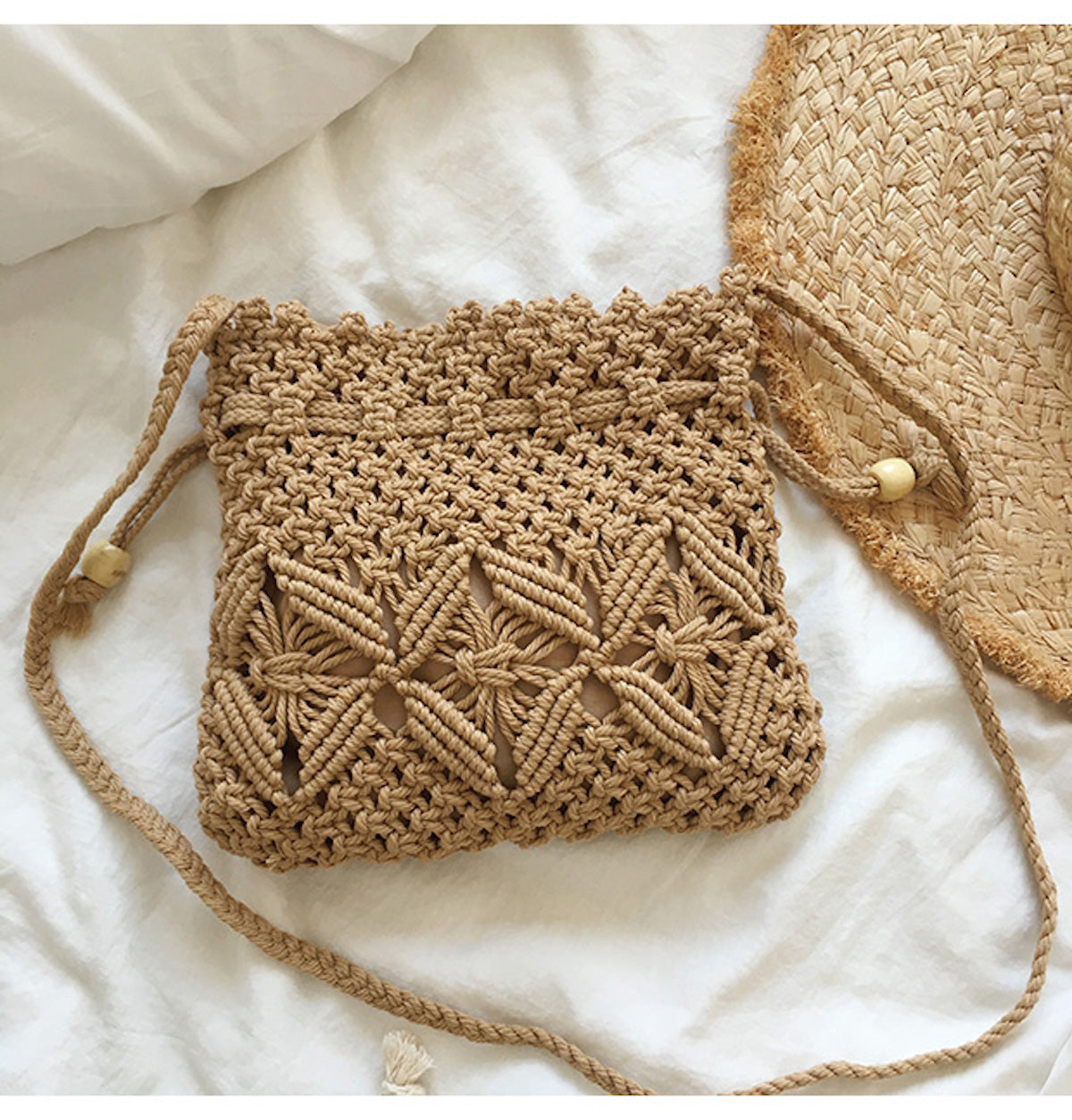 Women’s Macrame Cotton Retro Cotton Macrame Shoulder Drawstring Bag Crossbody Bag for Boho Everyday Style & Gifts