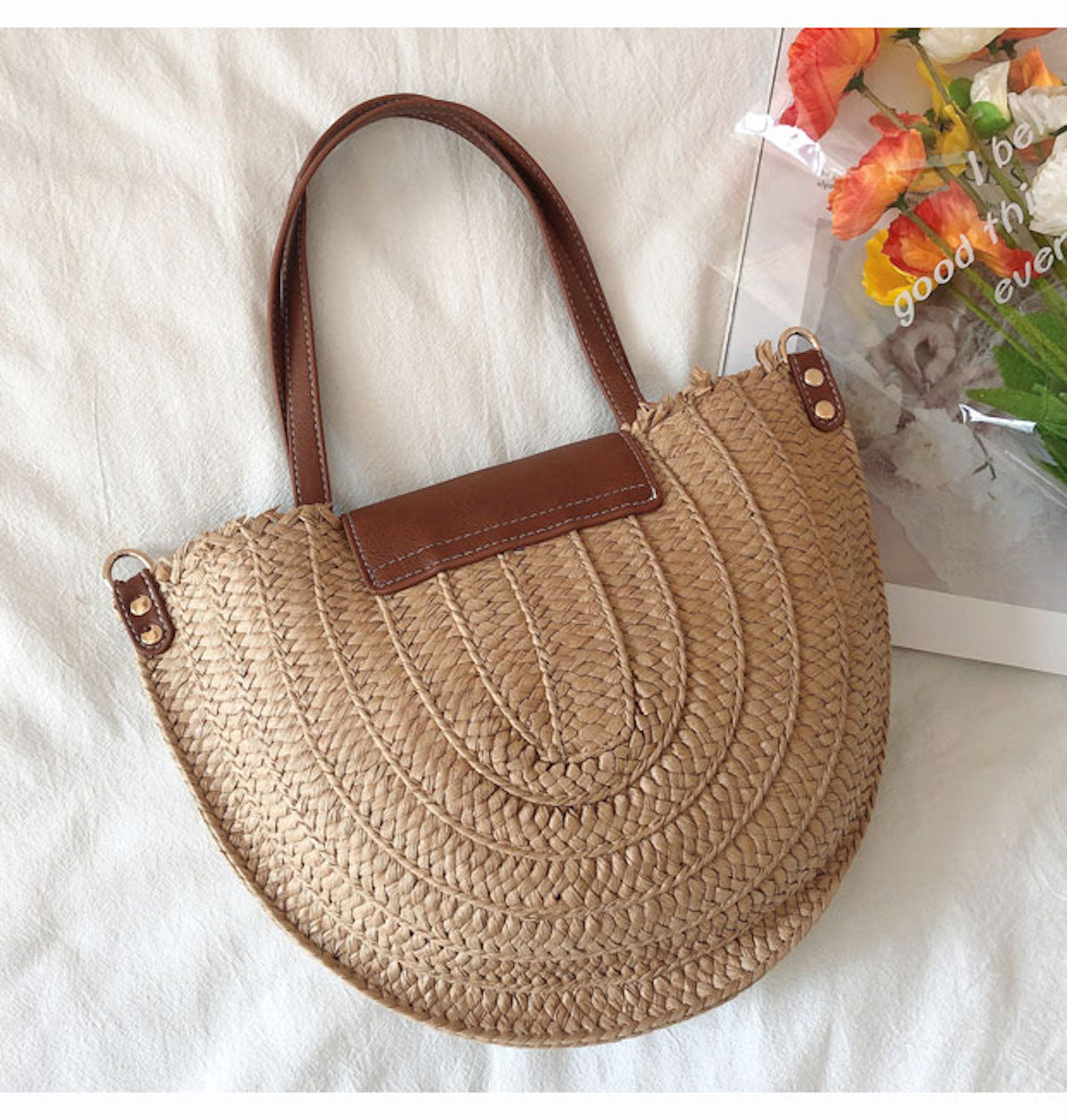 Women’s Straw Half Moon Summer Purse Tote Bag for Beach, Vacation & Summer Outfits