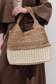 Natural two tone straw shoulder tote bag with inner pocket, view 1