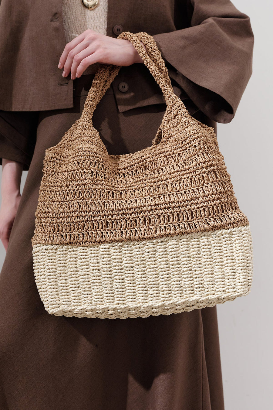 Natural two tone straw shoulder tote bag with inner pocket, view 1