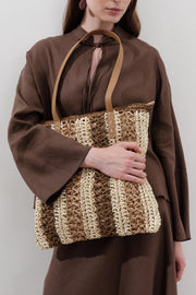 Beige striped straw shoulder bag with faux leather strap, view 2