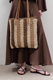 Beige striped straw shoulder bag with faux leather strap, view 3