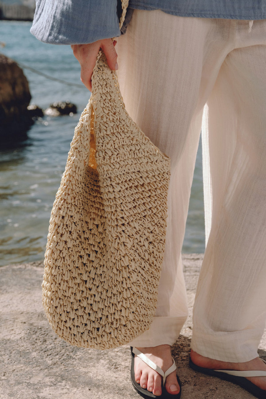 Beige braided straw shoulder bag with snap closure, view 1