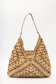 Beige patterned straw handbag with snap closure and inner pocket, view 7