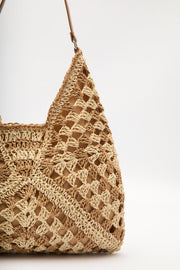 Beige patterned straw handbag with snap closure and inner pocket, view 8