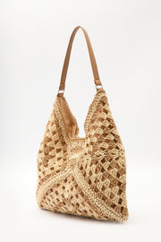 Beige patterned straw handbag with snap closure and inner pocket, view 9
