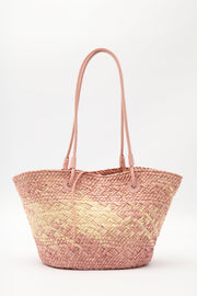 Pink straw shoulder bag with faux leather strap and contrast stitching, view 4