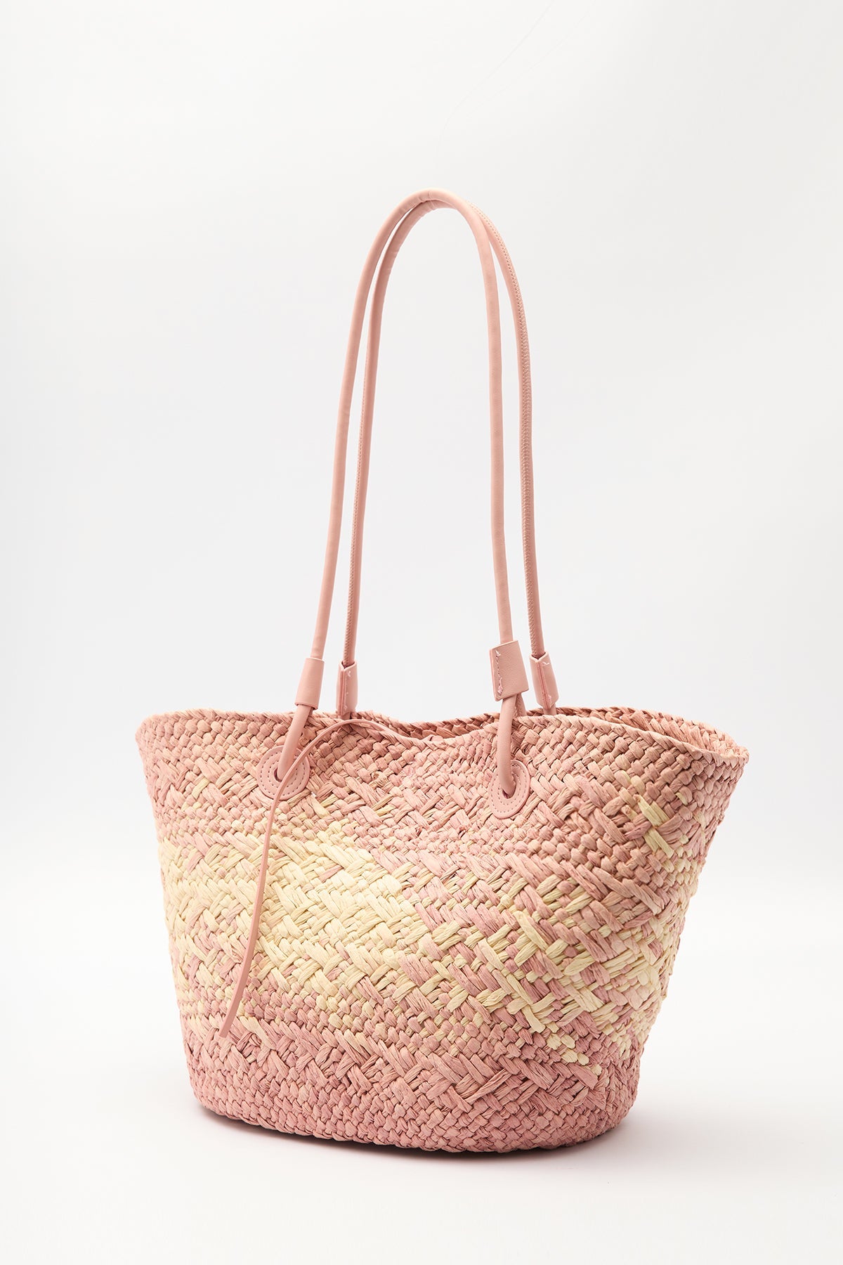 Pink straw shoulder bag with faux leather strap and contrast stitching, view 5
