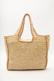Large beige contrast straw shoulder bag with zip closure, view 3