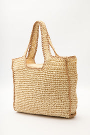 Large beige contrast straw shoulder bag with zip closure, view 6