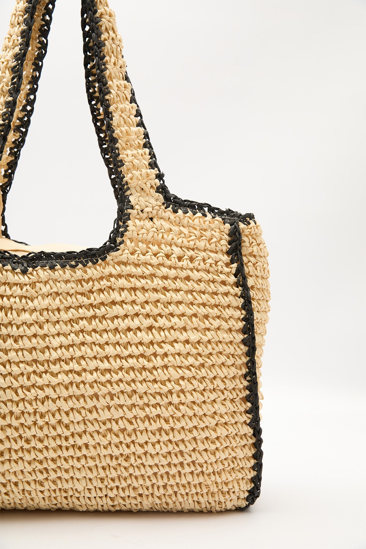 Large beige and black striped straw shoulder bag with zipper closure, view 4