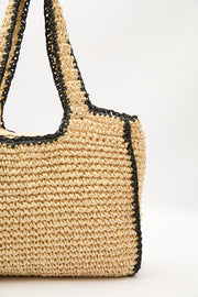 Large beige and black striped straw shoulder bag with zipper closure, view 4