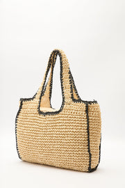 Large beige and black striped straw shoulder bag with zipper closure, view 5