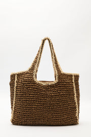 Large brown contrast straw shoulder bag with zip closure, view 5