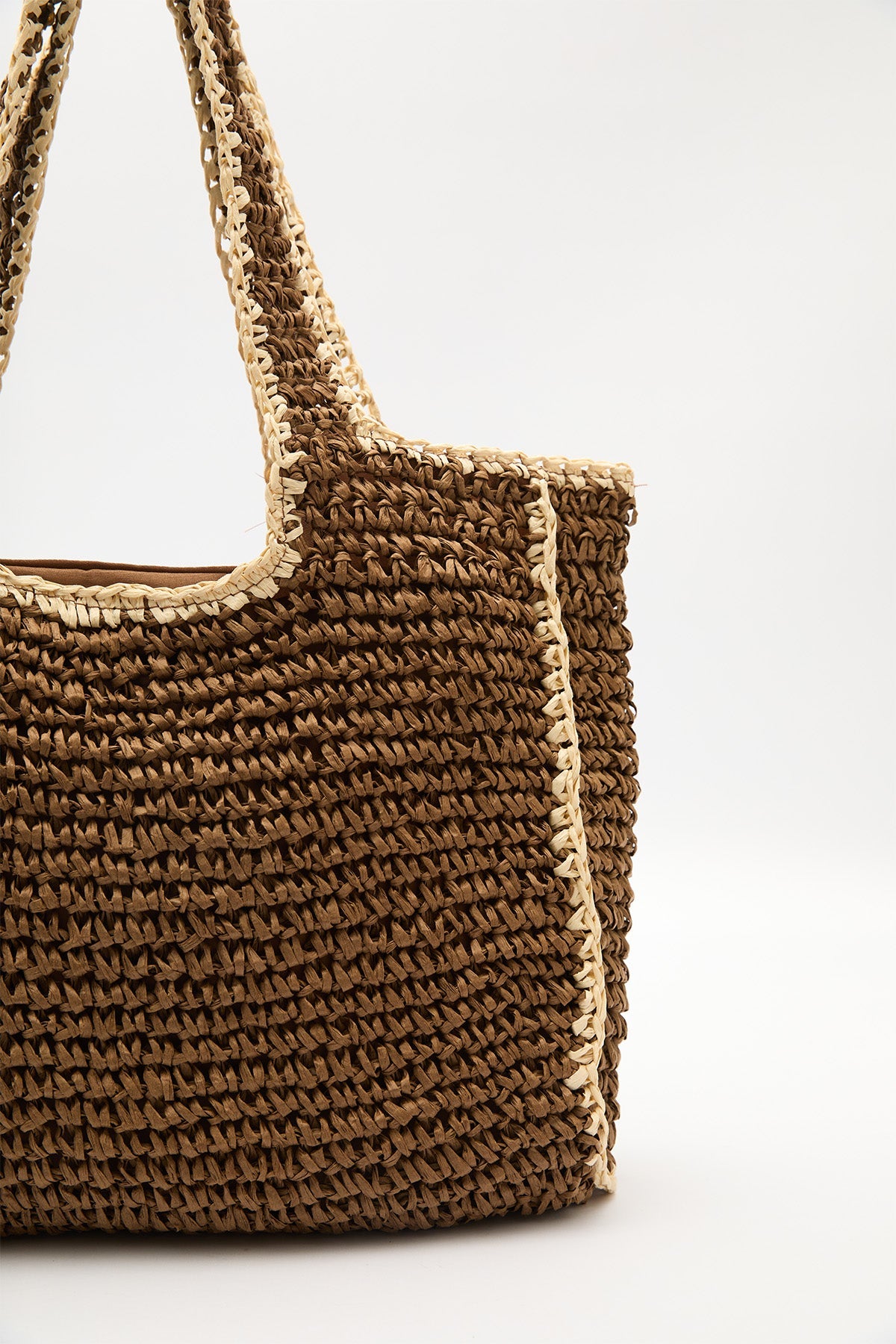 Large brown contrast straw shoulder bag with zip closure, view 6
