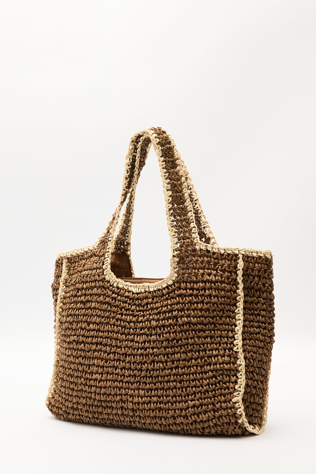 Large brown contrast straw shoulder bag with zip closure, view 7