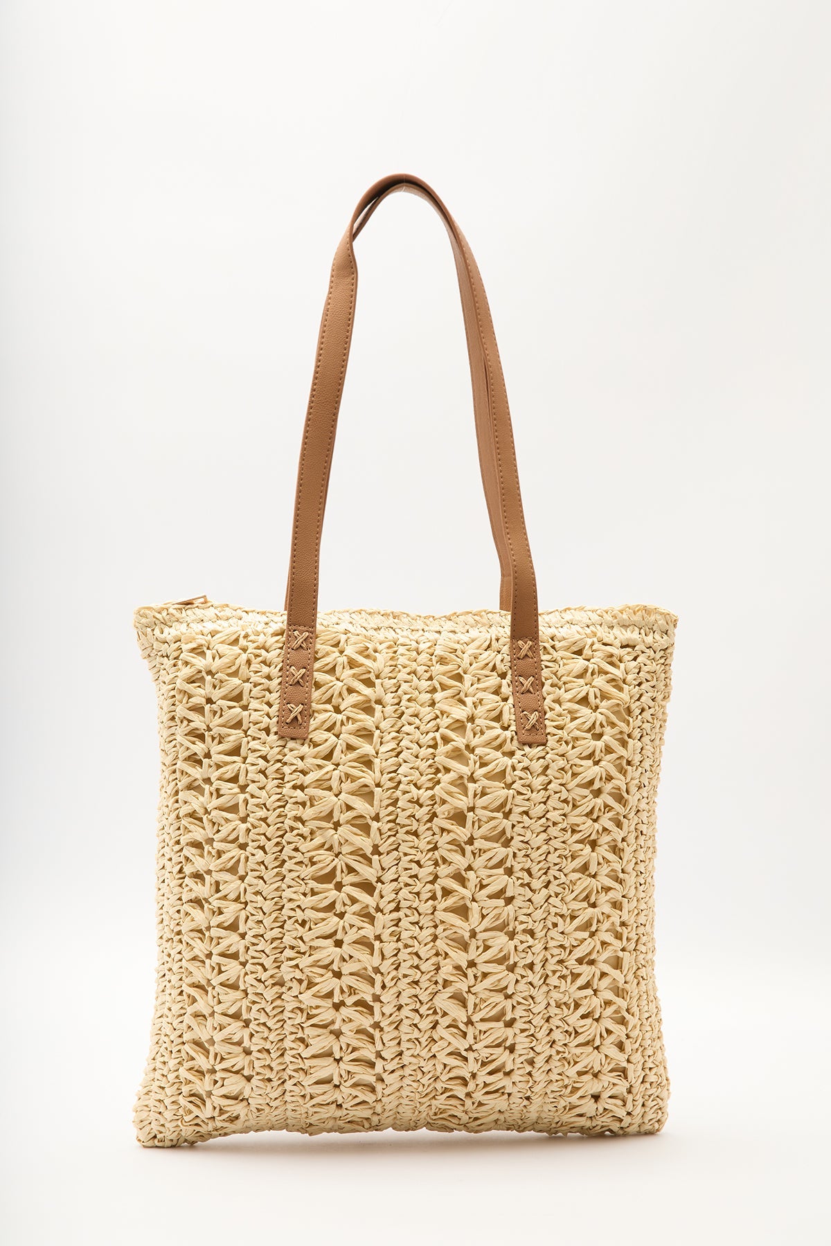 Beige patterned straw shoulder bag with faux leather straps, view 3