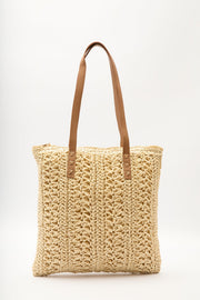 Beige patterned straw shoulder bag with faux leather straps, view 3