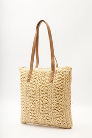 Beige patterned straw shoulder bag with faux leather straps, view 5