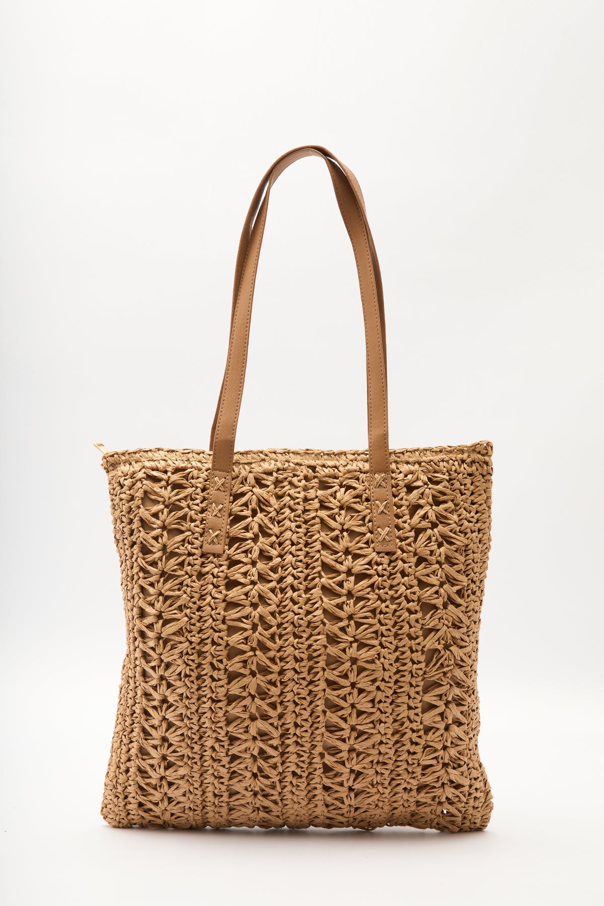 Natural patterned straw shoulder bag with faux leather straps, view 6