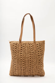 Natural patterned straw shoulder bag with faux leather straps, view 6