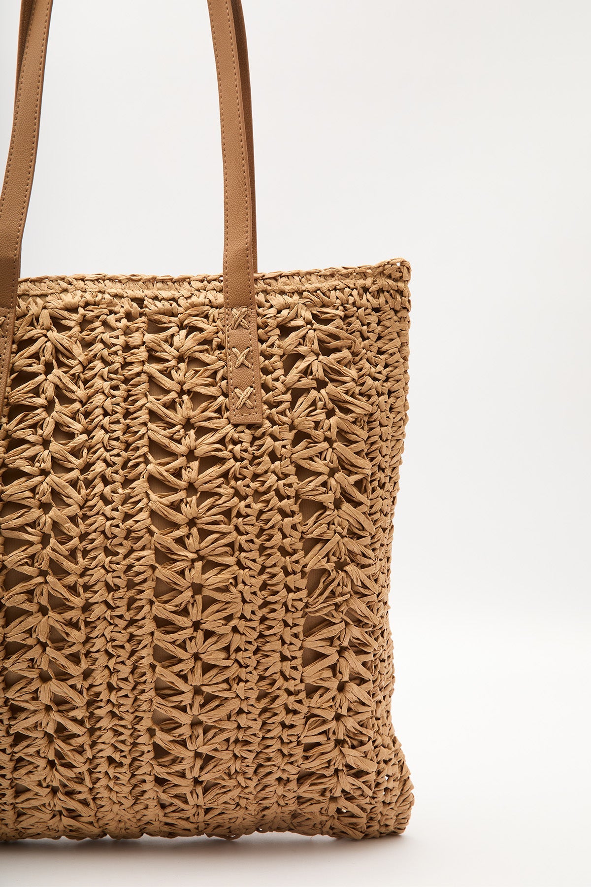 Natural patterned straw shoulder bag with faux leather straps, view 7