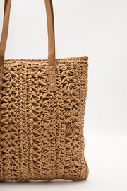Natural patterned straw shoulder bag with faux leather straps, view 7