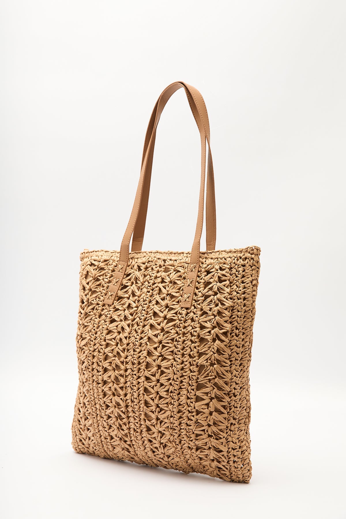 Natural patterned straw shoulder bag with faux leather straps, view 8