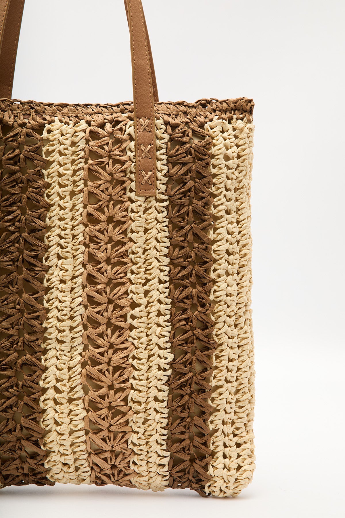 Beige striped straw shoulder bag with faux leather strap, view 5