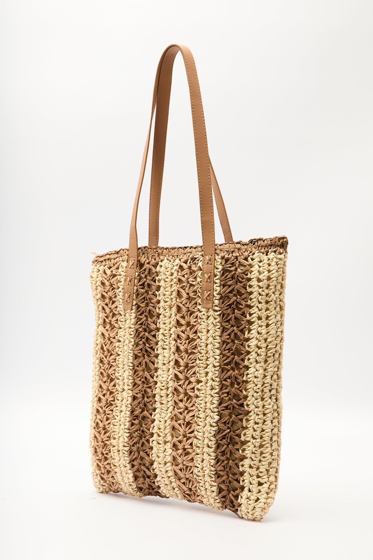 Beige striped straw shoulder bag with faux leather strap, view 6