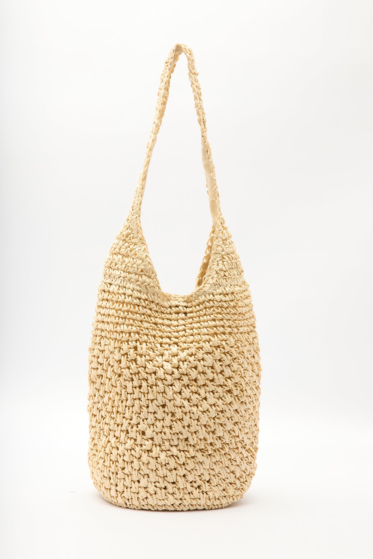 Beige braided straw shoulder bag with snap closure, view 5