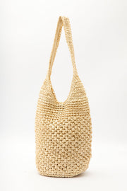 Beige braided straw shoulder bag with snap closure, view 7